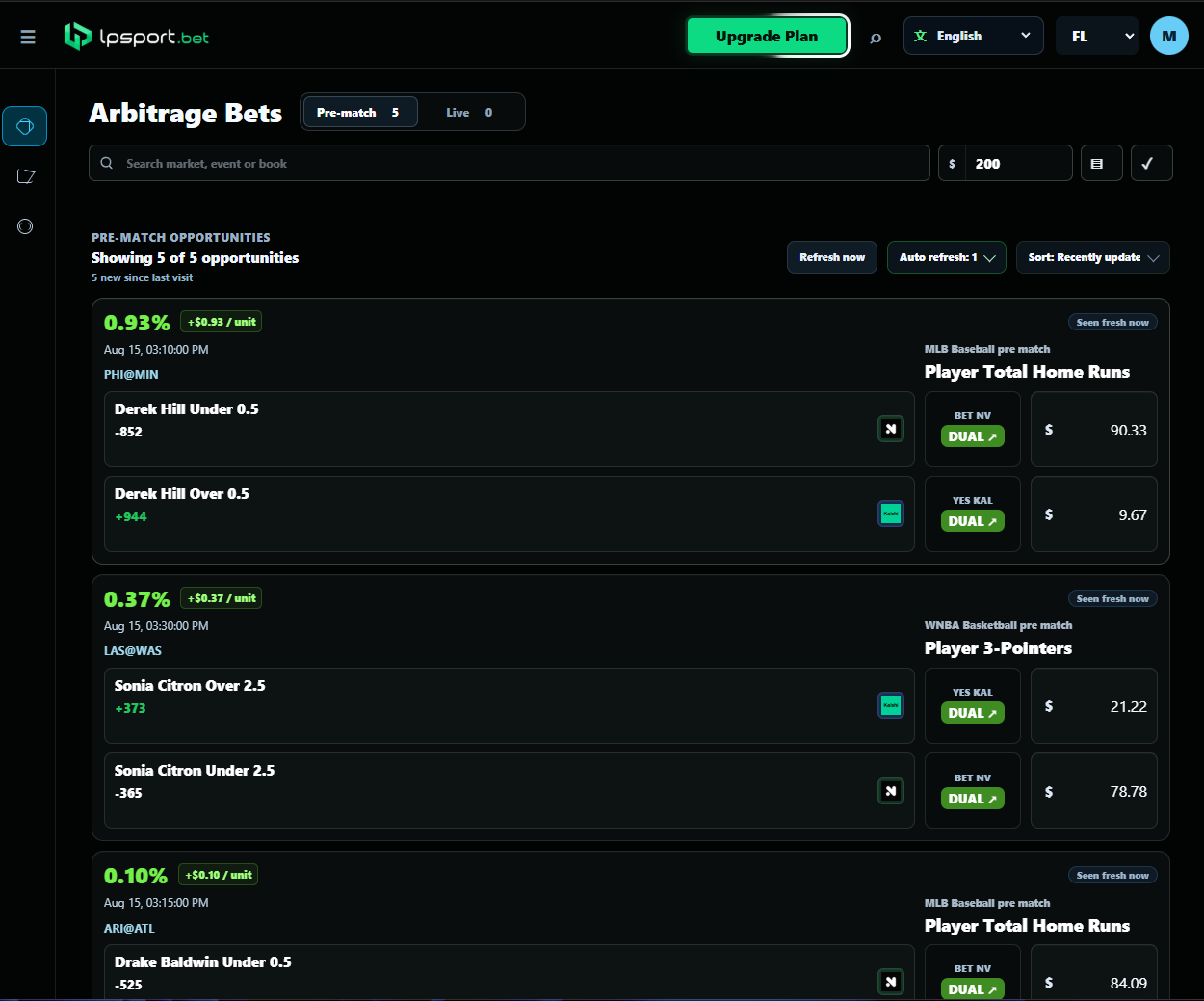 LPArbVantage arbitrage dashboard with numbered controls