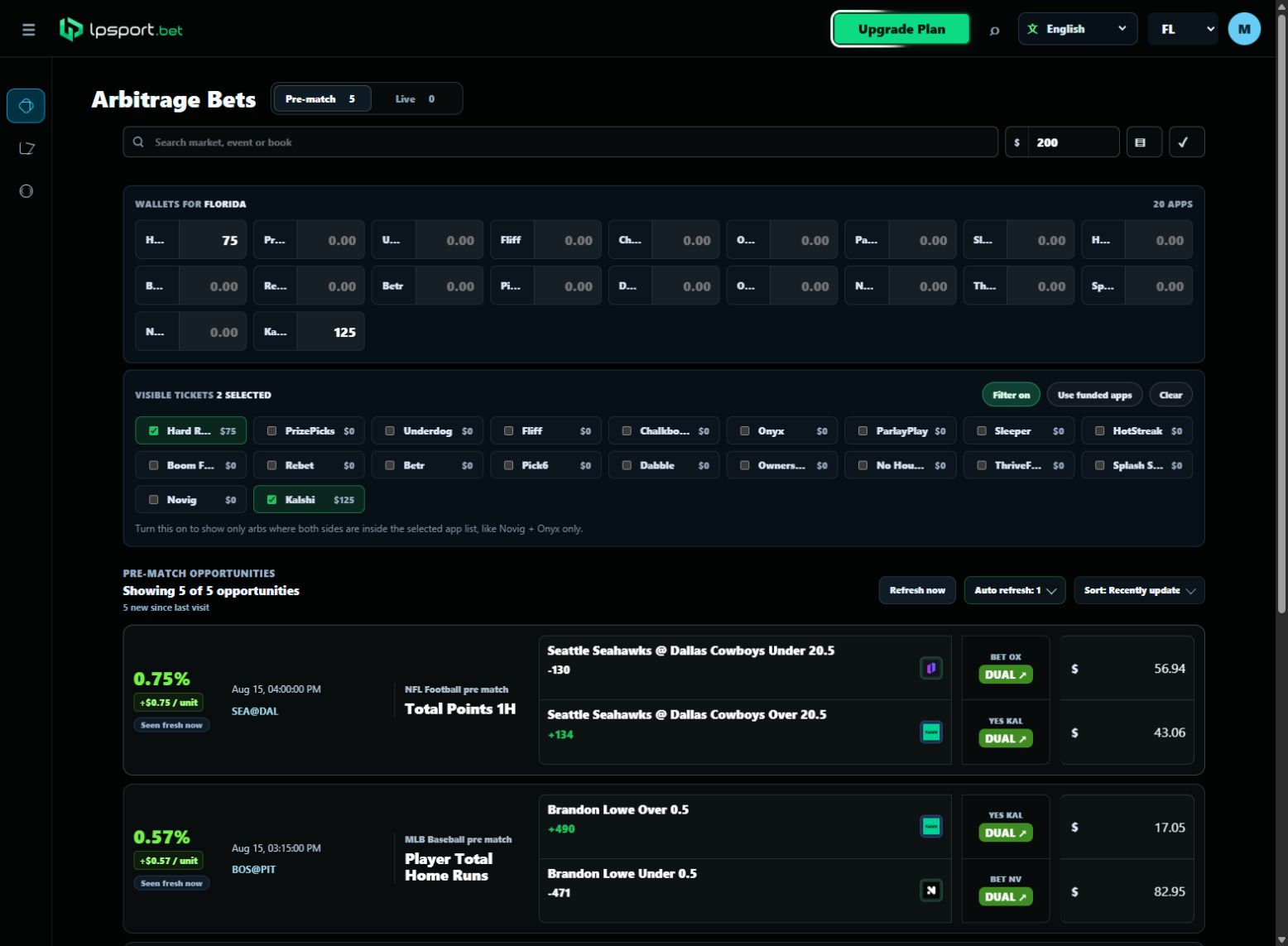 Sportsbook filter showing only Hard Rock Bet and Kalshi selected